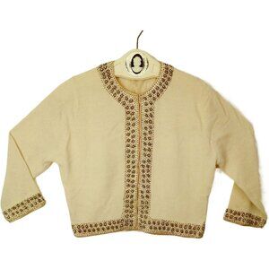 Vintage 50s Embellished Cashmere Cardigan Sweater Lady(38) Beaded-Border Lined